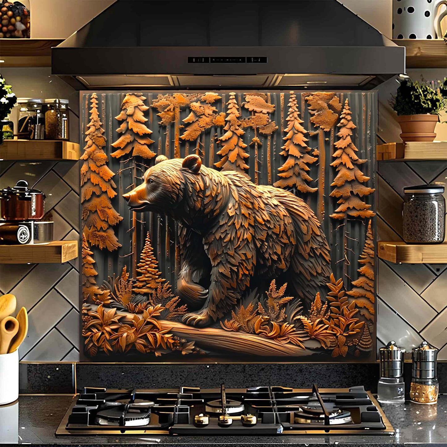 Decorative glass backsplash of a bear in a forest on a kitchen wall above a stove.