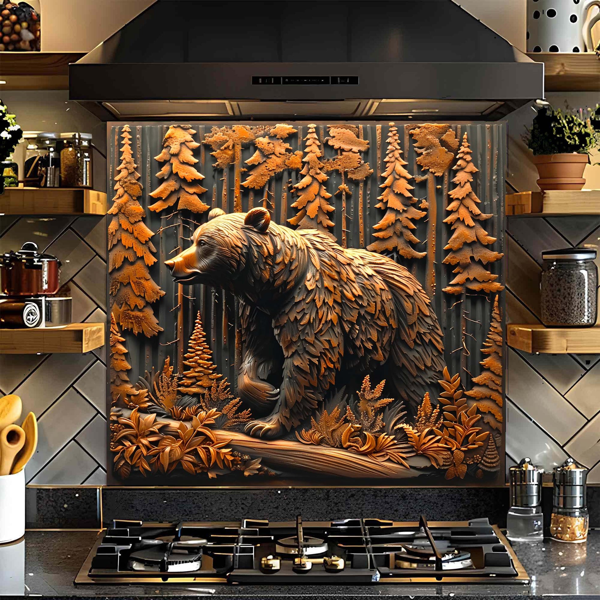 Decorative glass backsplash of a bear in a forest on a kitchen wall above a stove.