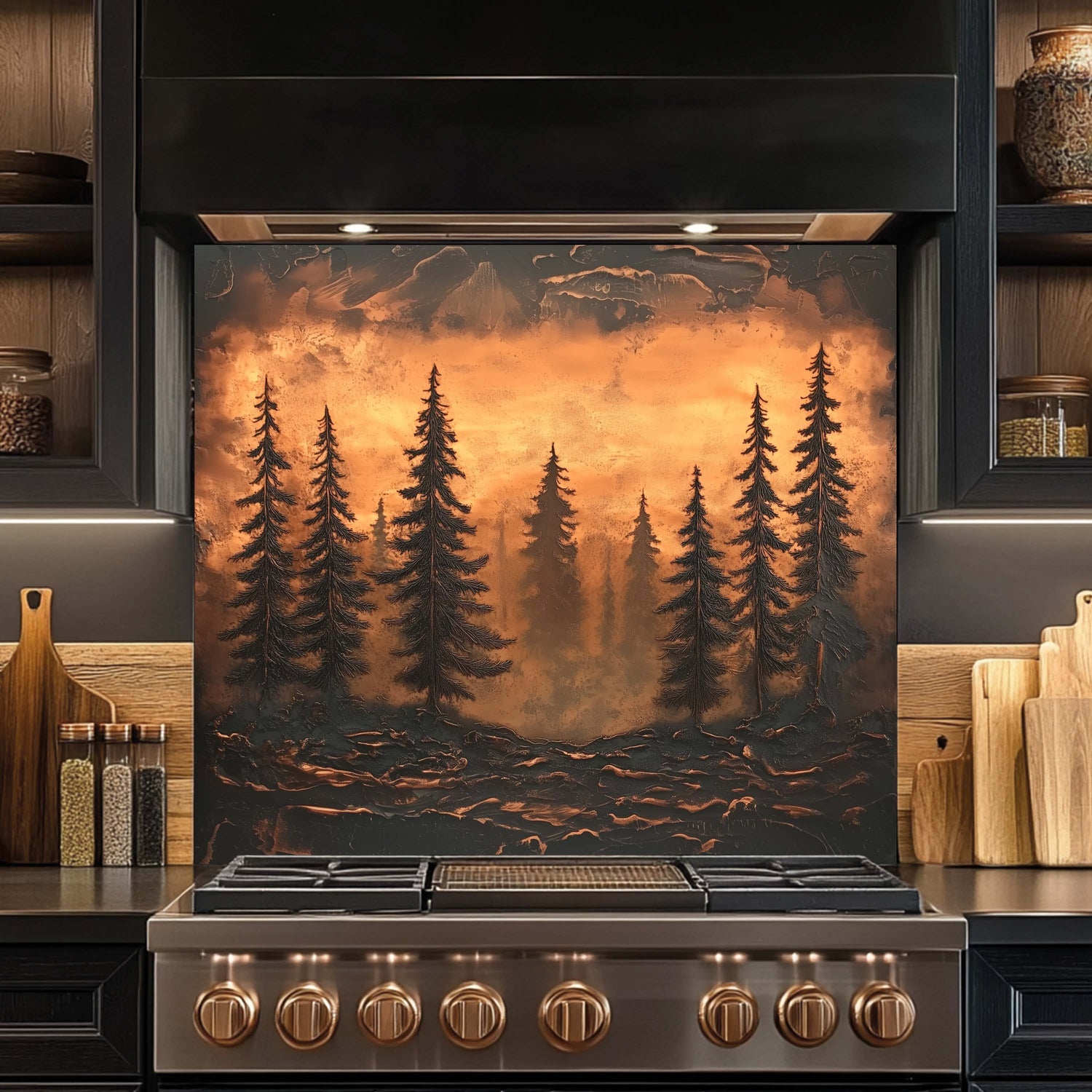 Stainless steel stove with decorative forest glass backsplash in a kitchen setting
