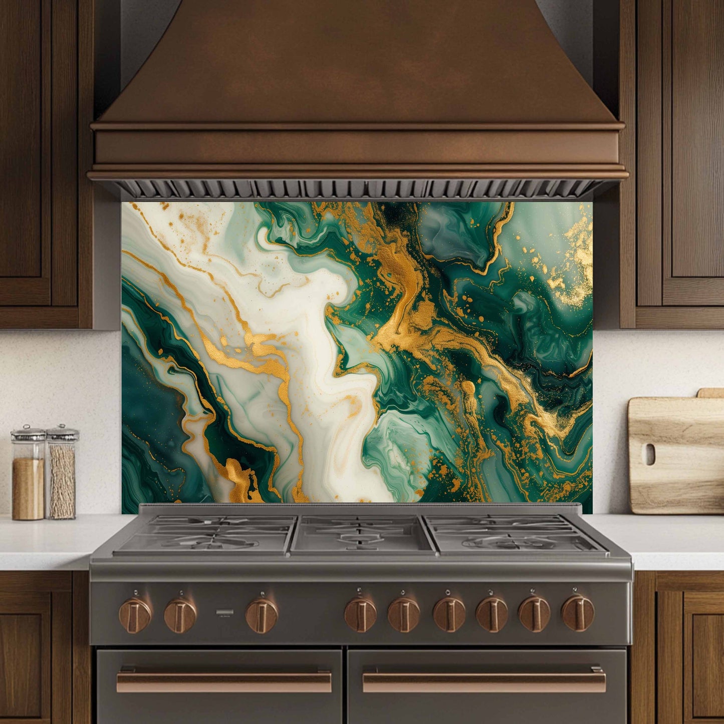 Kitchen stove with a decorative backsplash featuring green and gold marbled pattern.