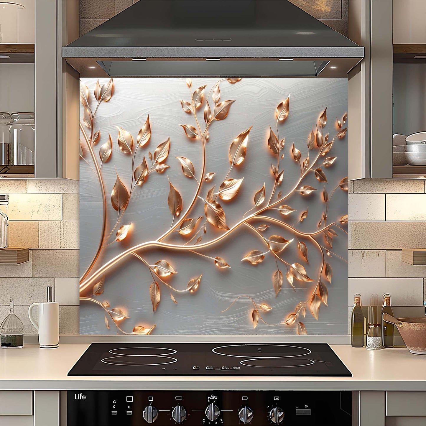Luminous Branches – Tempered Glass Backsplash for Kitchen – Botanical Splashback