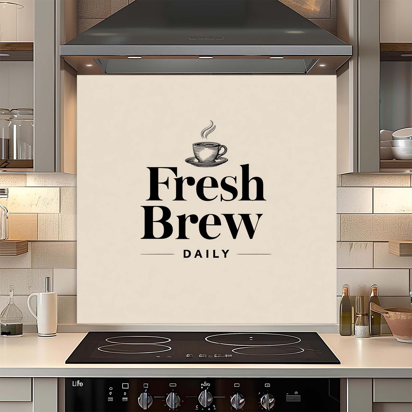 Kitchen backsplash with 'Fresh Brew Daily' design and coffee cup illustration.