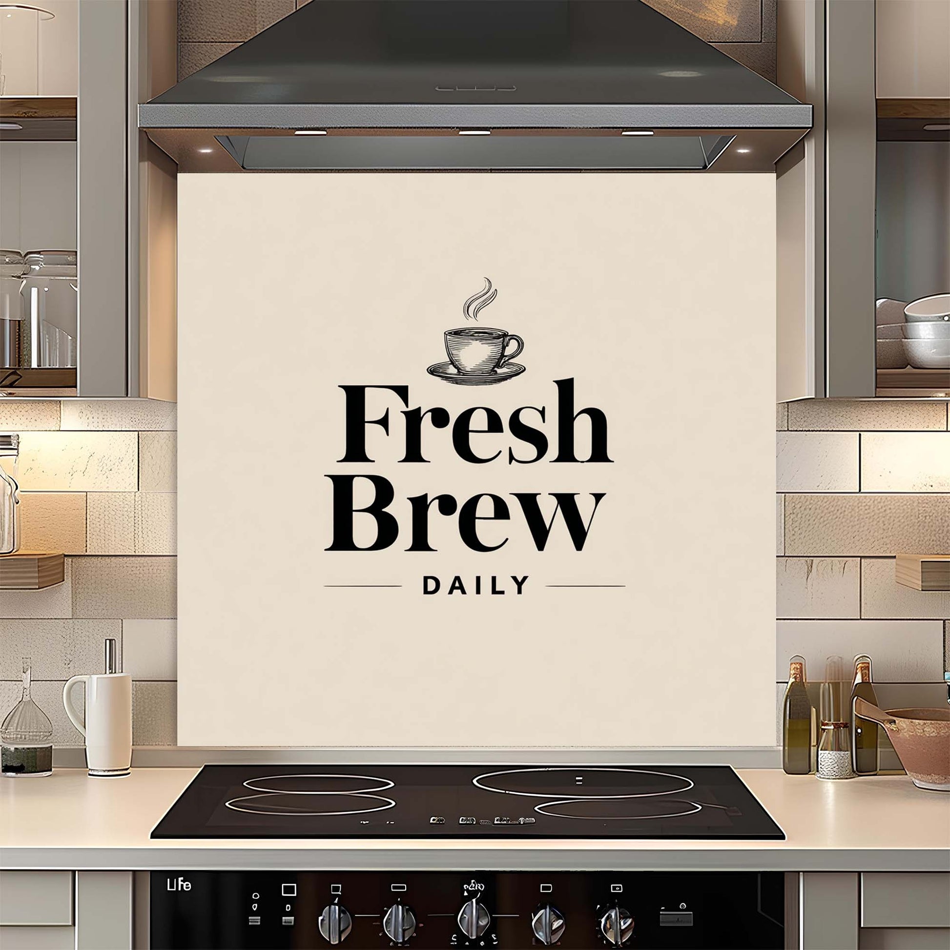 Kitchen backsplash with 'Fresh Brew Daily' design and coffee cup illustration.