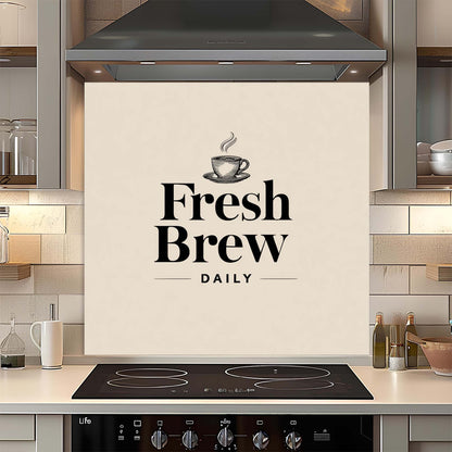 Kitchen backsplash with 'Fresh Brew Daily' design and coffee cup illustration.