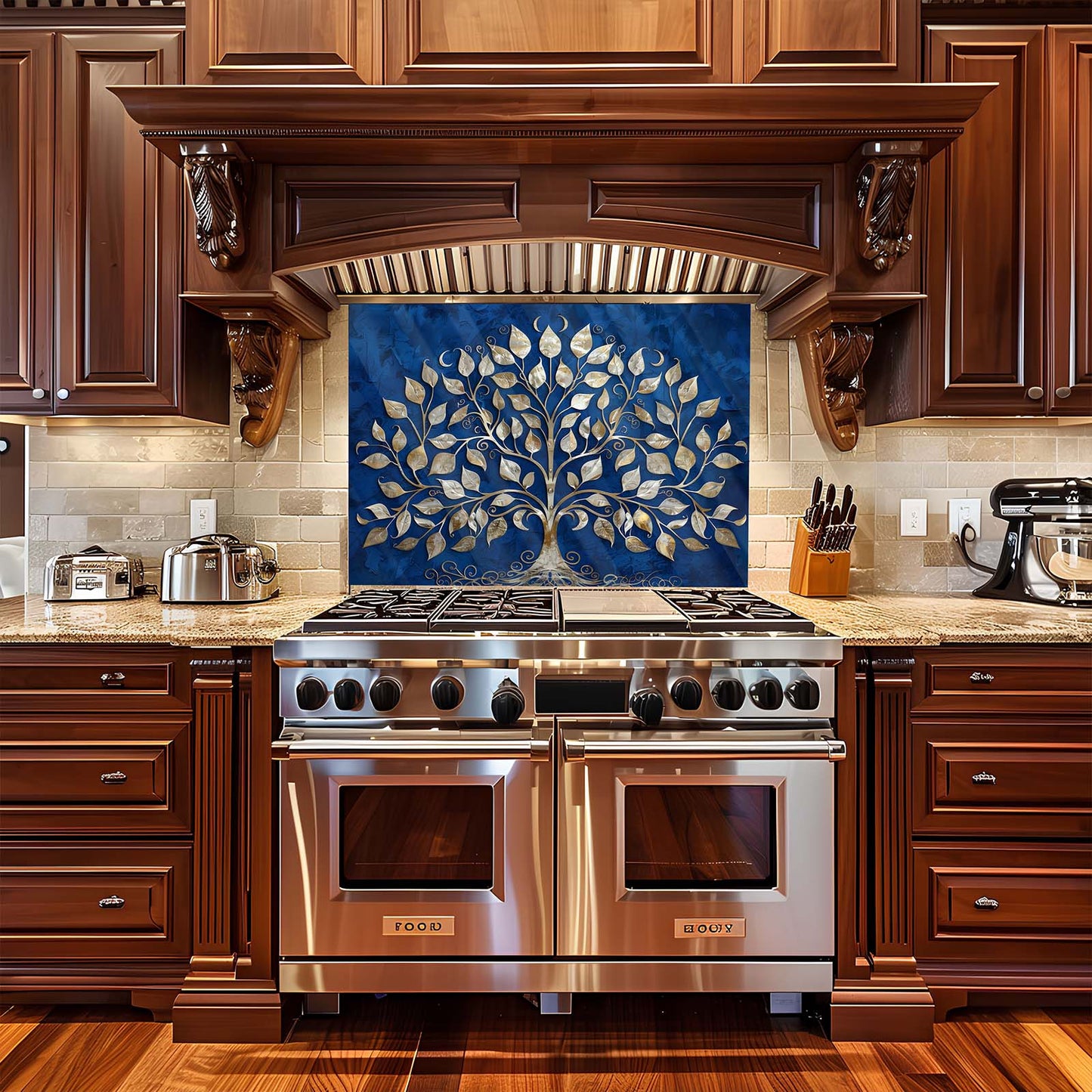 Stainless steel oven in a kitchen with wooden cabinets and a decorative backsplash.