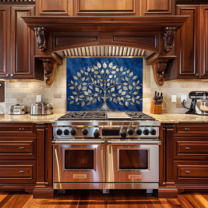 Stainless steel oven in a kitchen with wooden cabinets and a decorative backsplash.