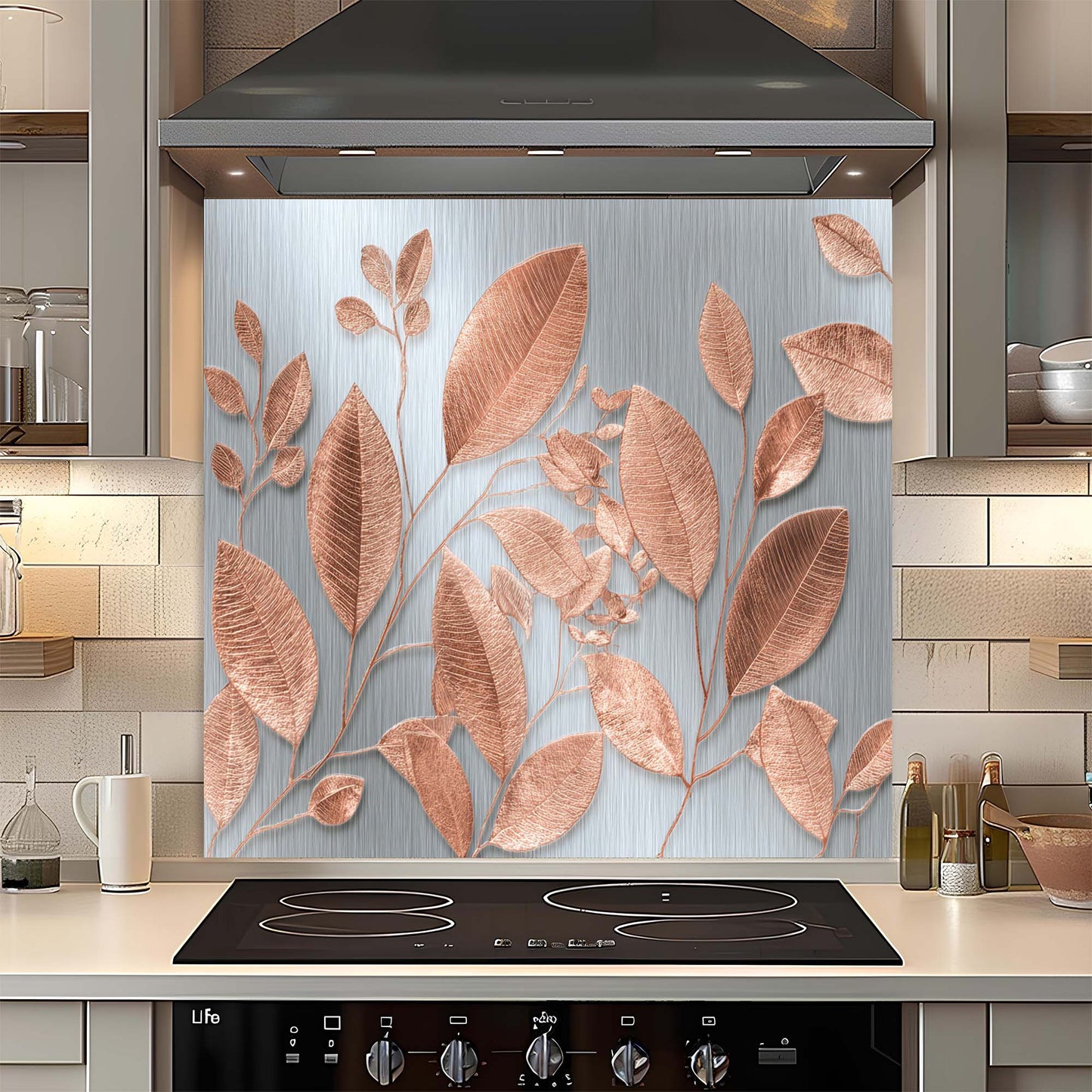 Rose Gold Leaves – Tempered Glass Backsplash for Kitchen – Botanical Kitchen Splashback