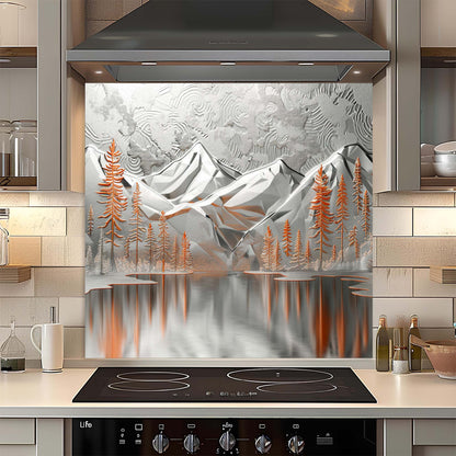 Silver Pines – Tempered Glass Backsplash for Kitchen – Mountain Forest Kitchen Splashback