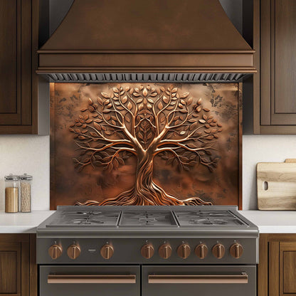 Stove with decorative copper tree panel in a kitchen setting