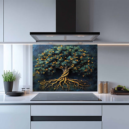 Kitchen with a decorative glass splashback featuring an tree design.