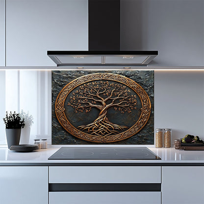 Decorative glass splashback with tree design in a modern kitchen