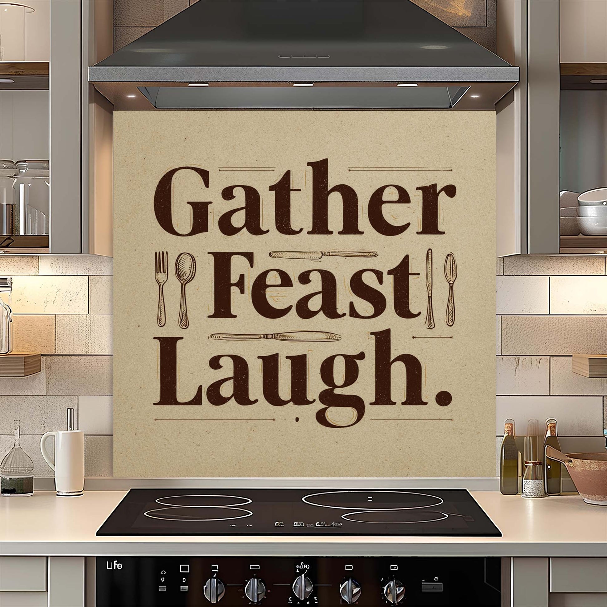 Kitchen with a decorative backsplash featuring the text 'Gather Feast Laugh'.