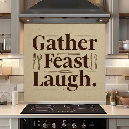 Kitchen with a decorative backsplash featuring the text 'Gather Feast Laugh'.