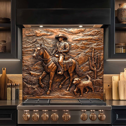 Stainless steel stove with cowboy and horse design on the kitchen backsplash in a kitchen setting.