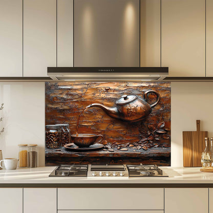 Kitchen with a decorative backsplash featuring a copper teapot and cup scene.