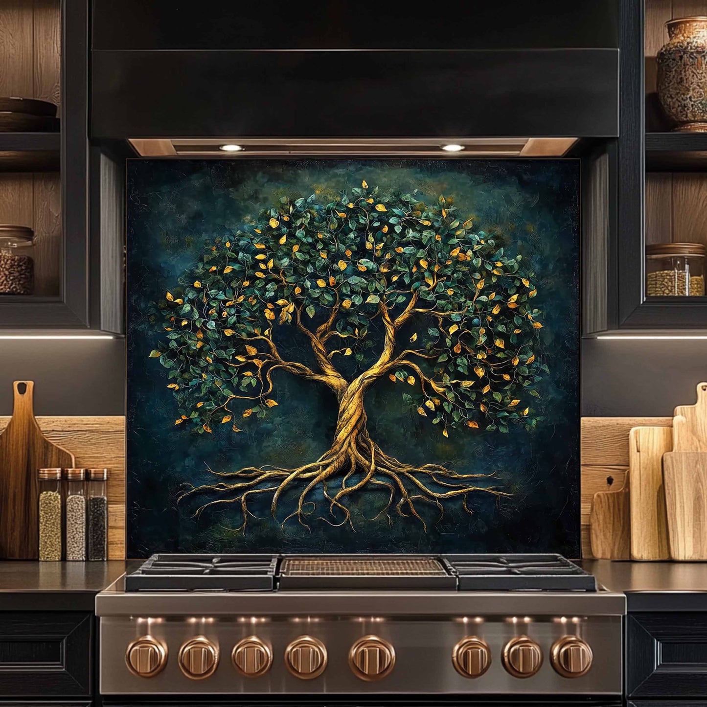Stainless steel stove with a decorative tree backsplash in a kitchen setting