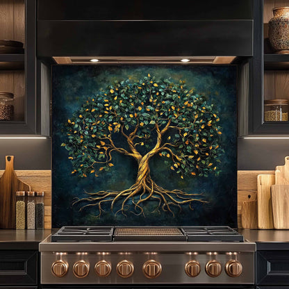 Stainless steel stove with a decorative tree backsplash in a kitchen setting