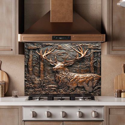 Decorative backsplash with a deer design above a stove in a kitchen.