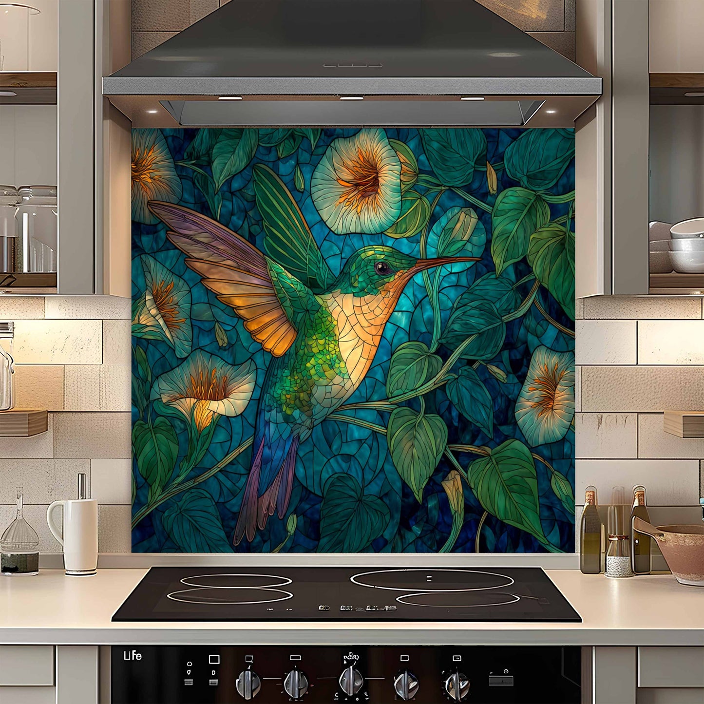 Decorative glass splashback with a hummingbird design in a kitchen setting