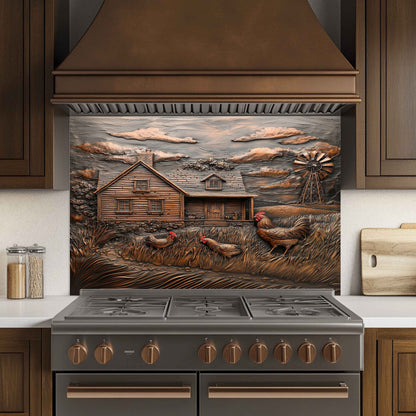 Decorative backsplash with a farm scene above a stove in a kitchen.