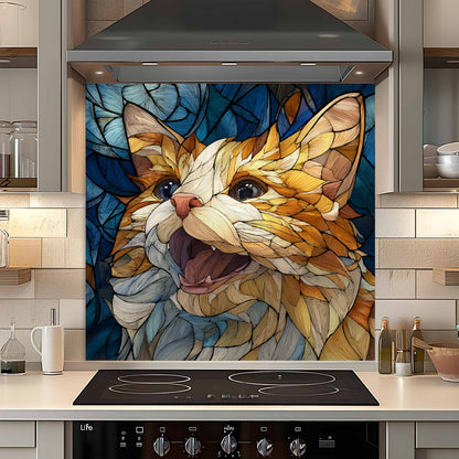 Colorful cat artwork on a kitchen backsplash