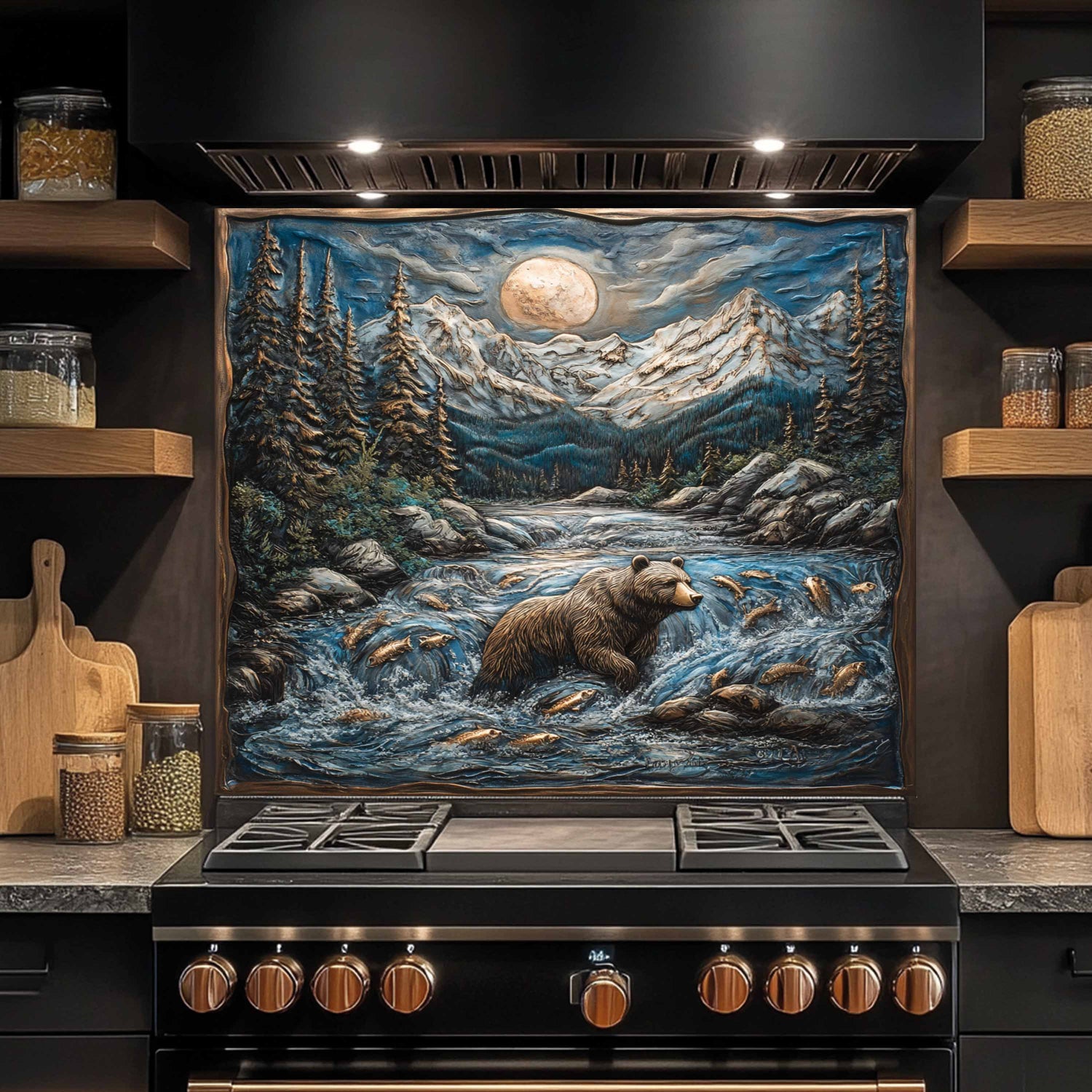 Stainless steel stove with a bear and fish mural on the tempered glass back splash in a kitchen setting.