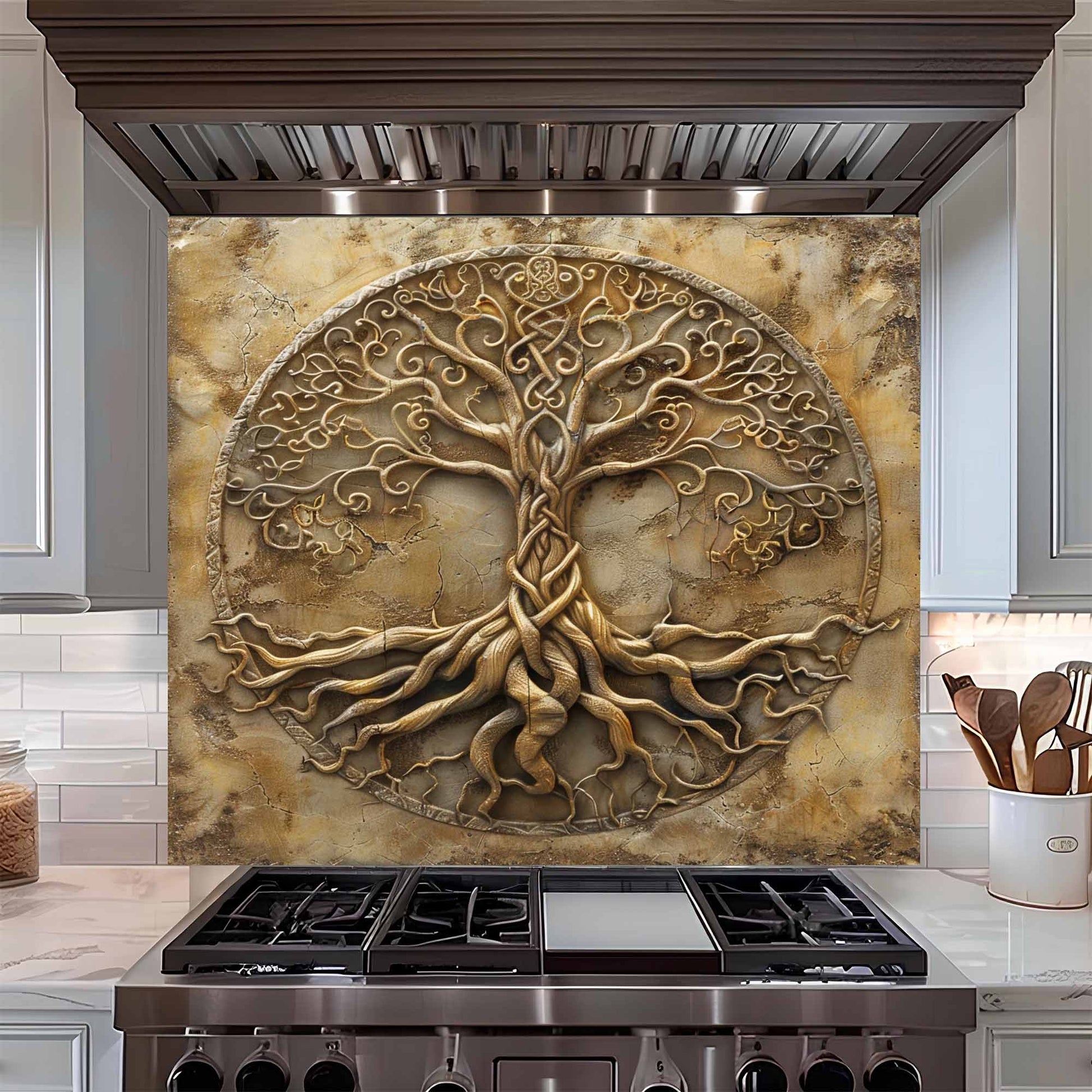 Decorative backsplash above a stove in a kitchen