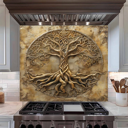 Decorative backsplash above a stove in a kitchen