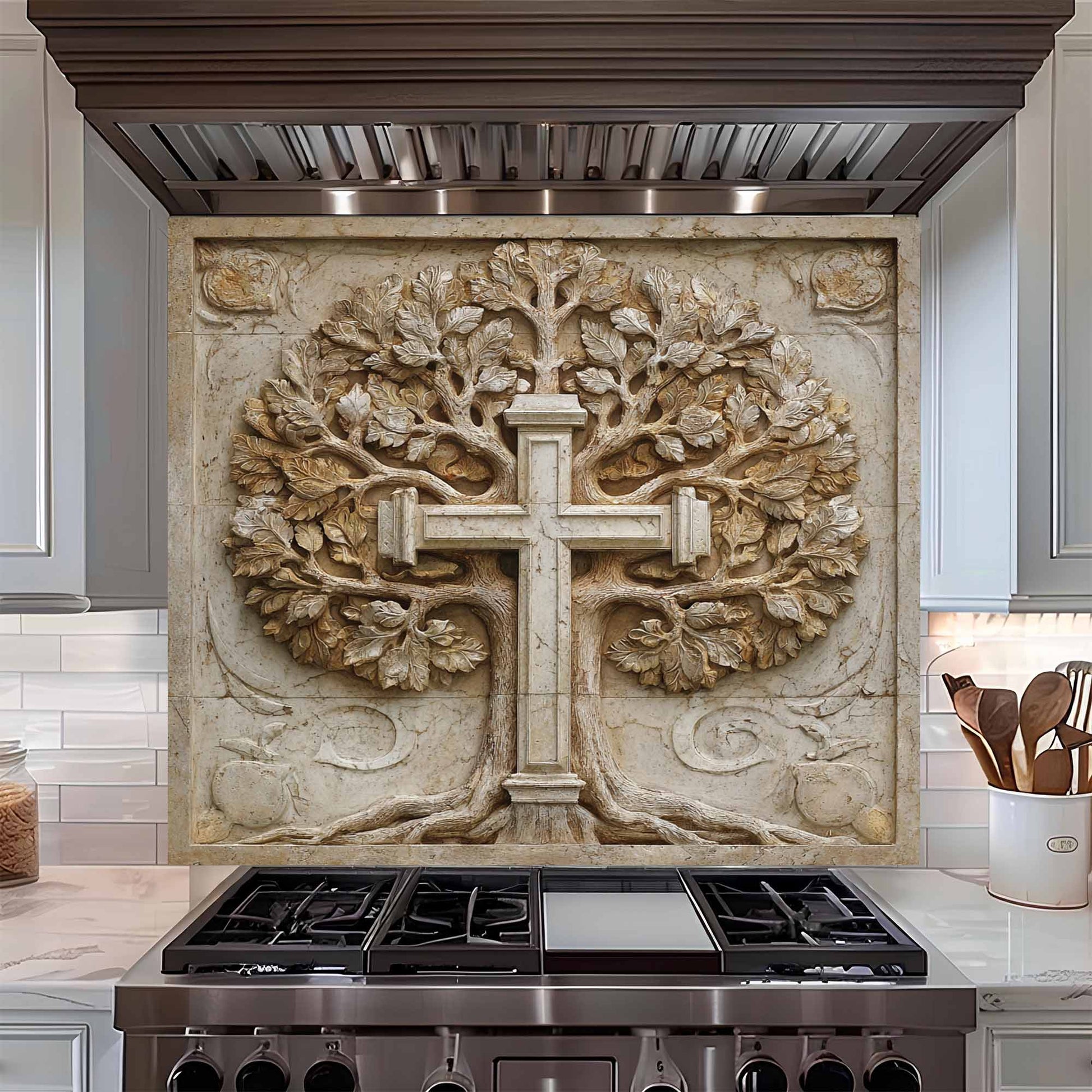 Decorative backsplash with a tree and cross design above a stove in a kitchen.