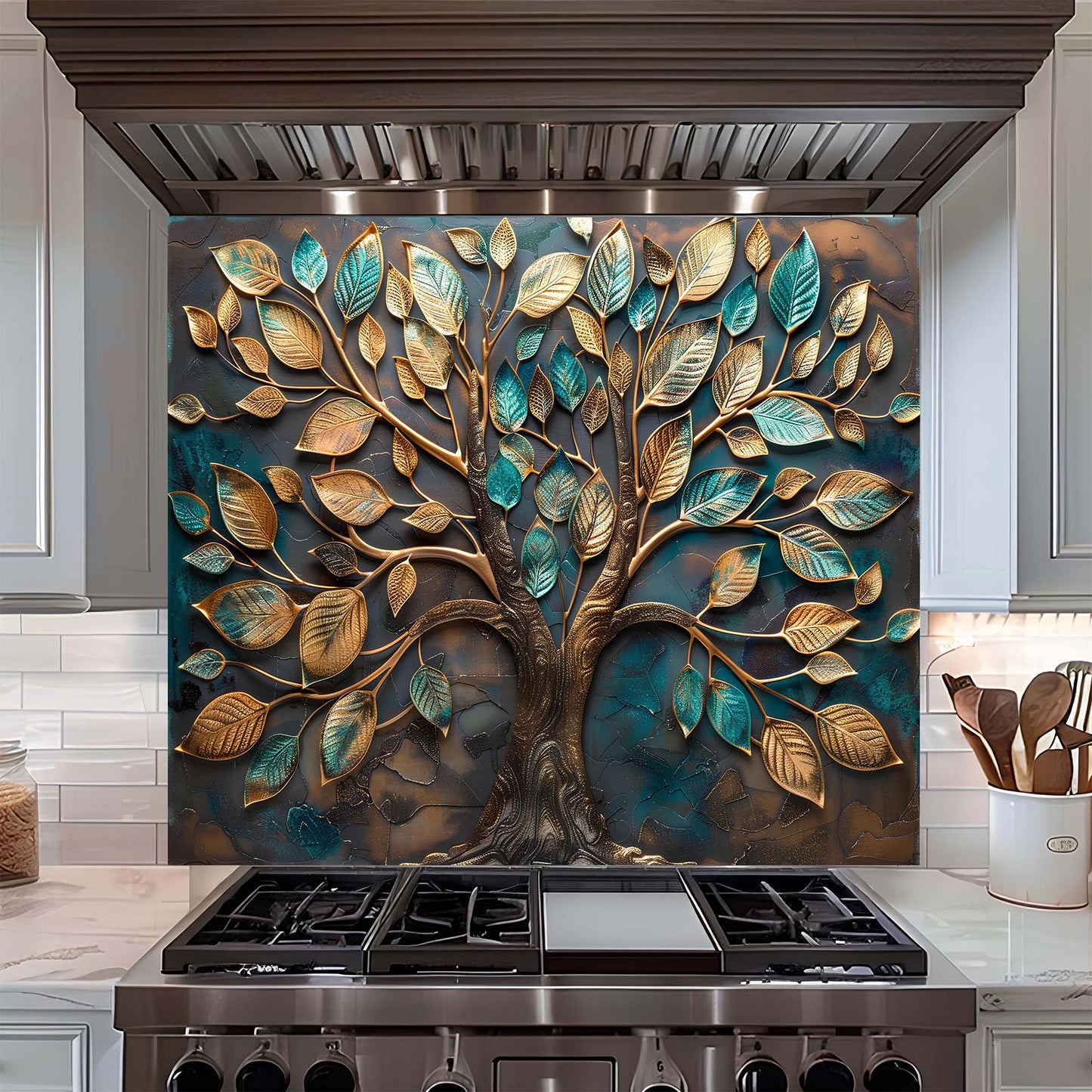Decorative backsplash with a tree design above a stove in a kitchen.