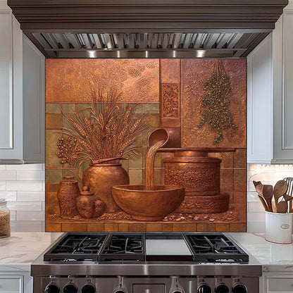 Decorative copper look glass backsplash with artistic design above a stove in a kitchen.