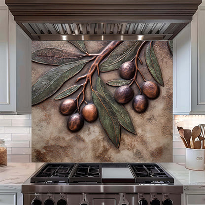 Decorative glass backsplash with olive branch design above a stove in a kitchen.