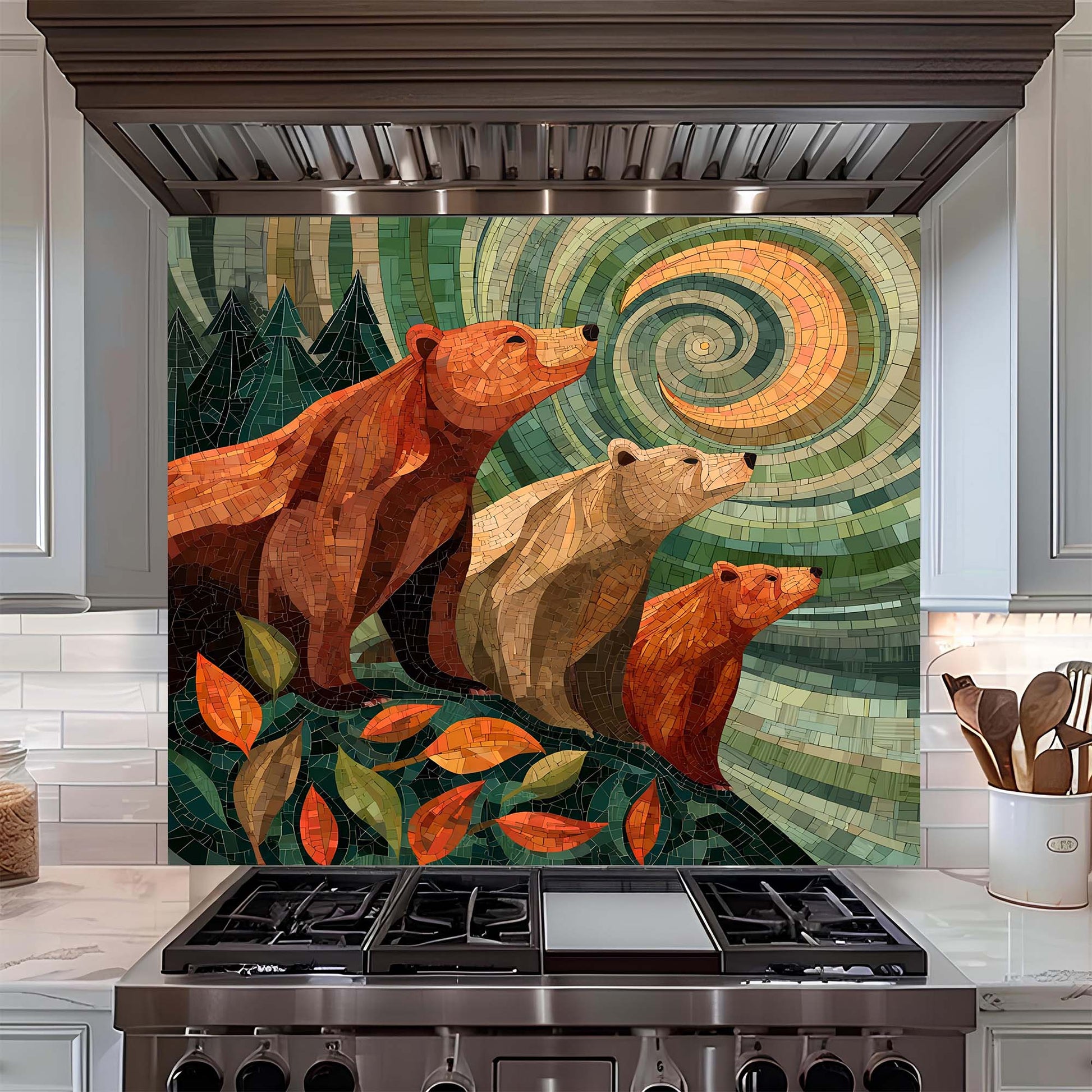 A symbolic bear family gazing at a spiral sky, printed on a tempered glass backsplash that adds warmth, meaning, and woodland calm to kitchens.