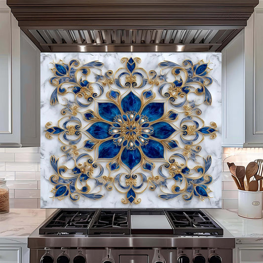 Decorative backsplash with blue and gold floral pattern above a stove in a kitchen.