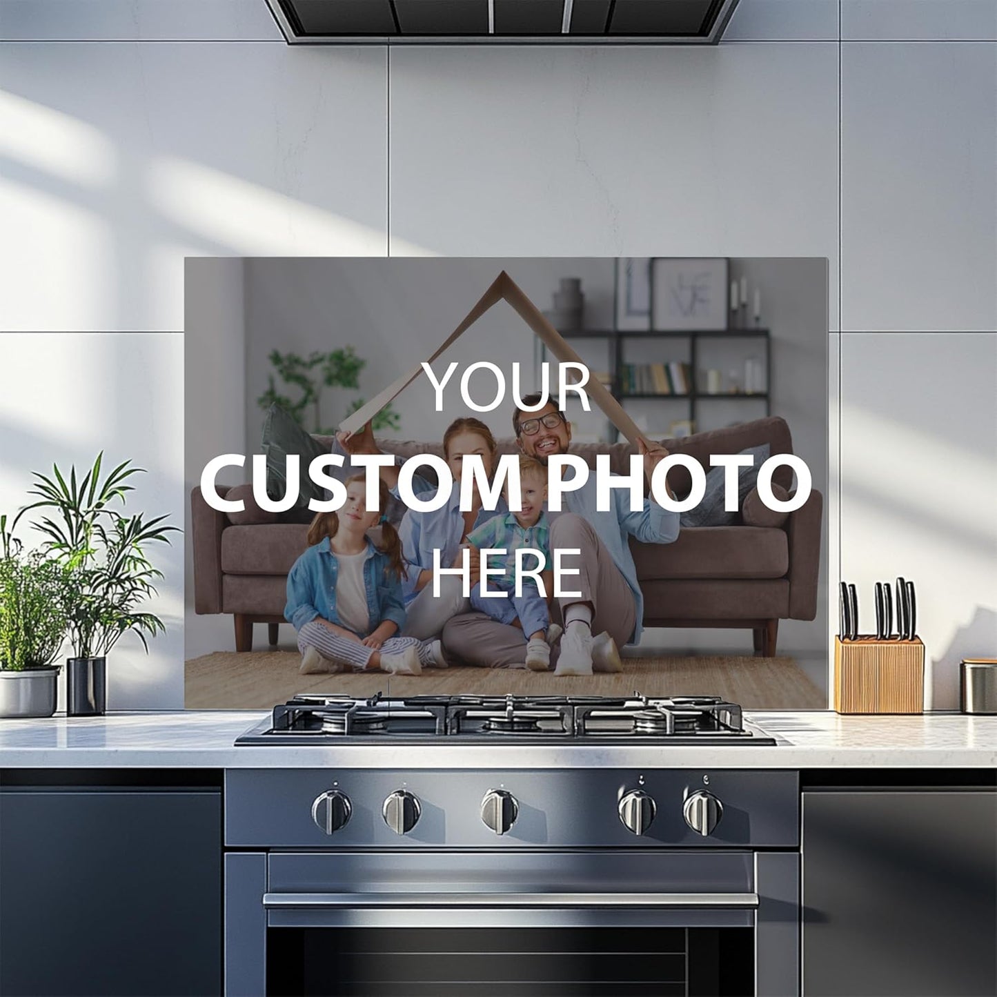 Modern kitchen with a custom photo display above a stove