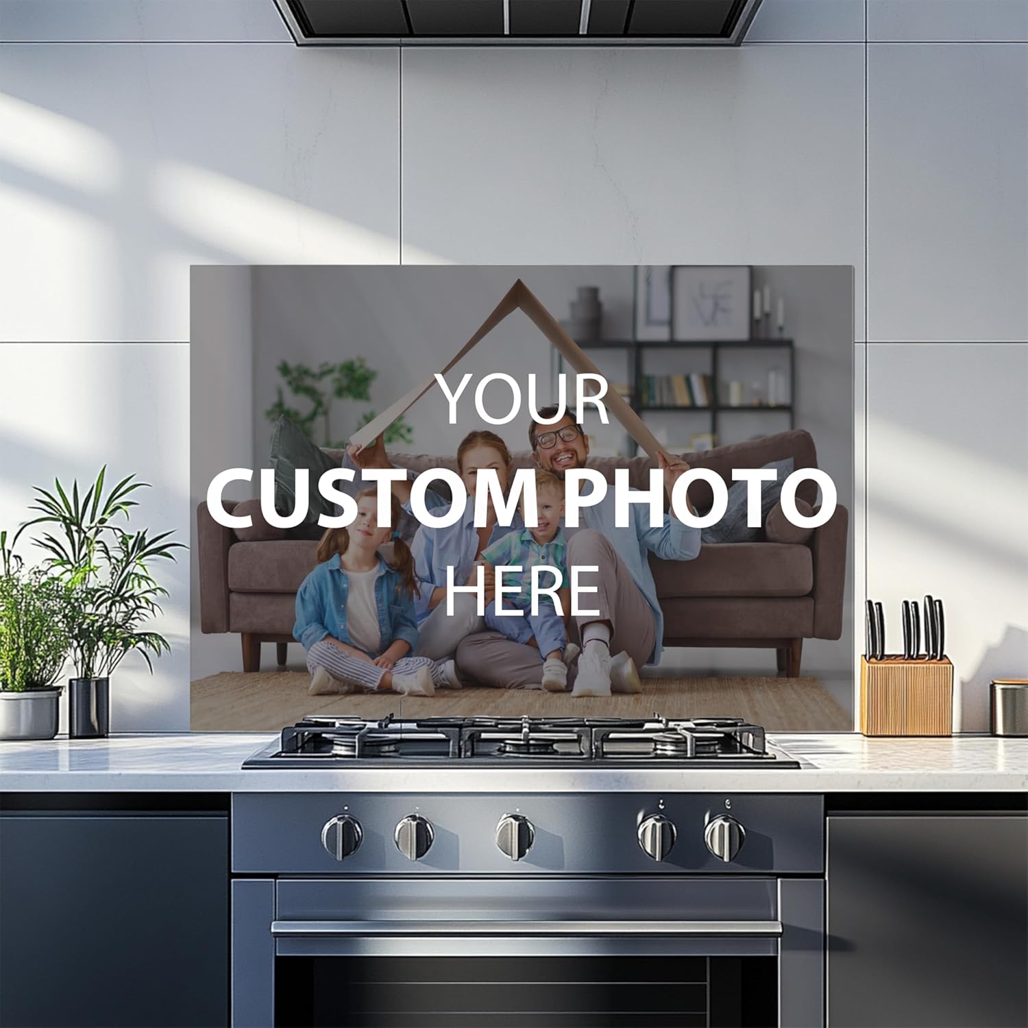 Modern kitchen with a custom photo display above a stove
