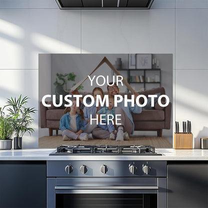Modern kitchen with a custom photo display above a stove