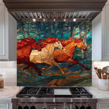 Three galloping horses in a stained glass forest design on tempered glass backsplash. A bold, artistic kitchen backsplash statement.