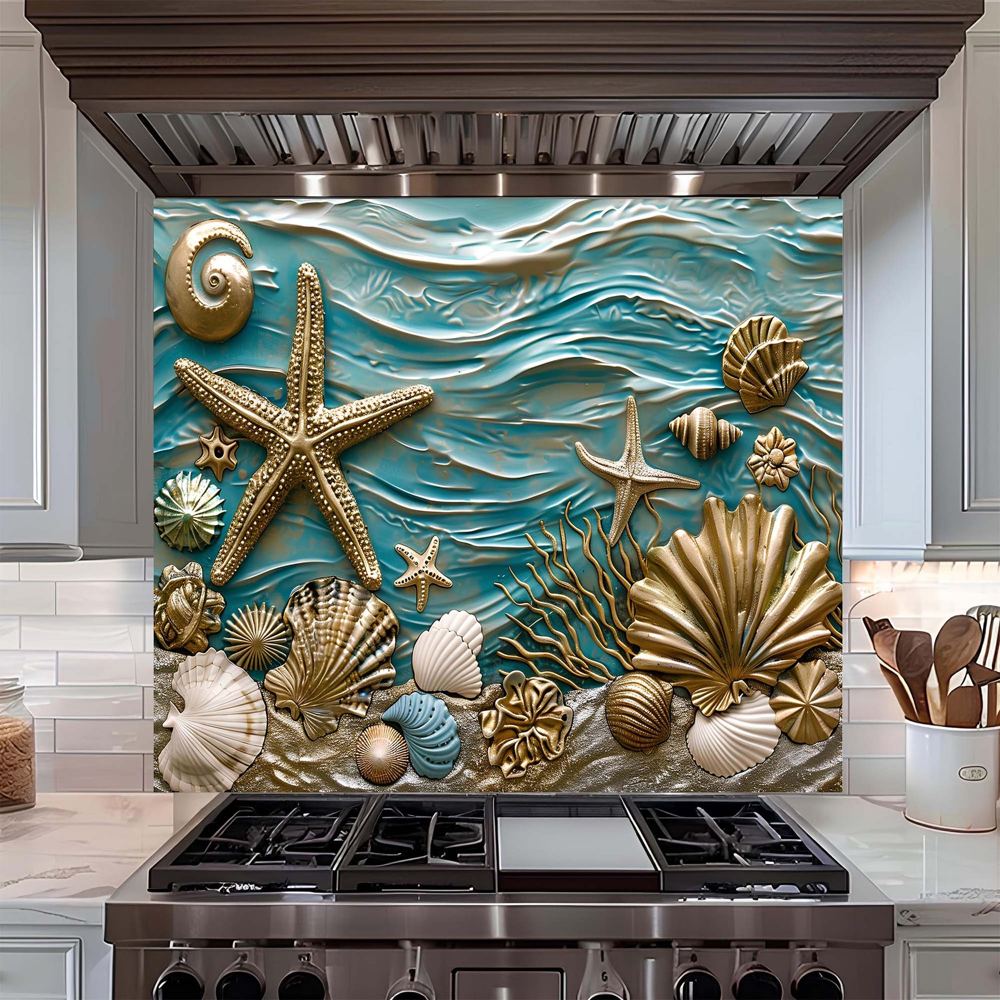 Decorative backsplash with starfish, shells, and coral in a kitchen setting