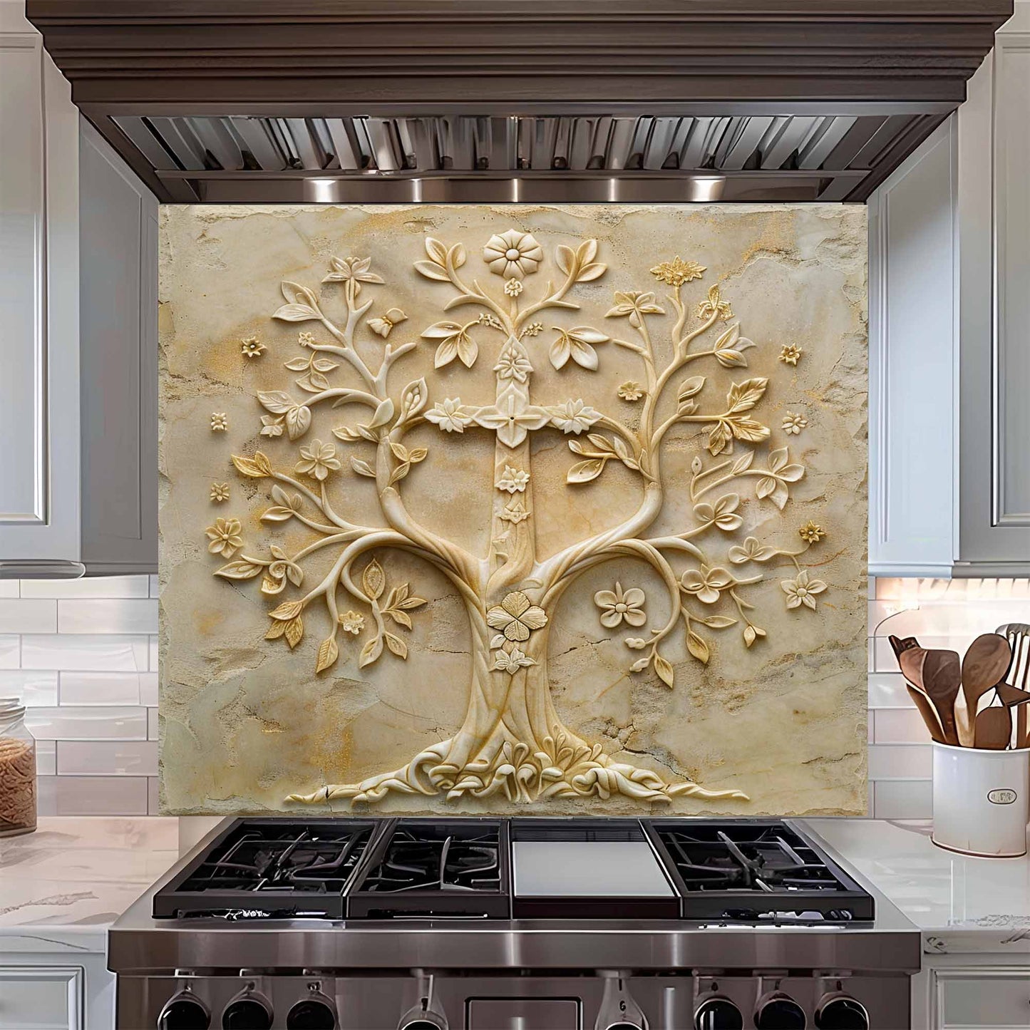 Decorative backsplash with tree design above a stove in a kitchen.