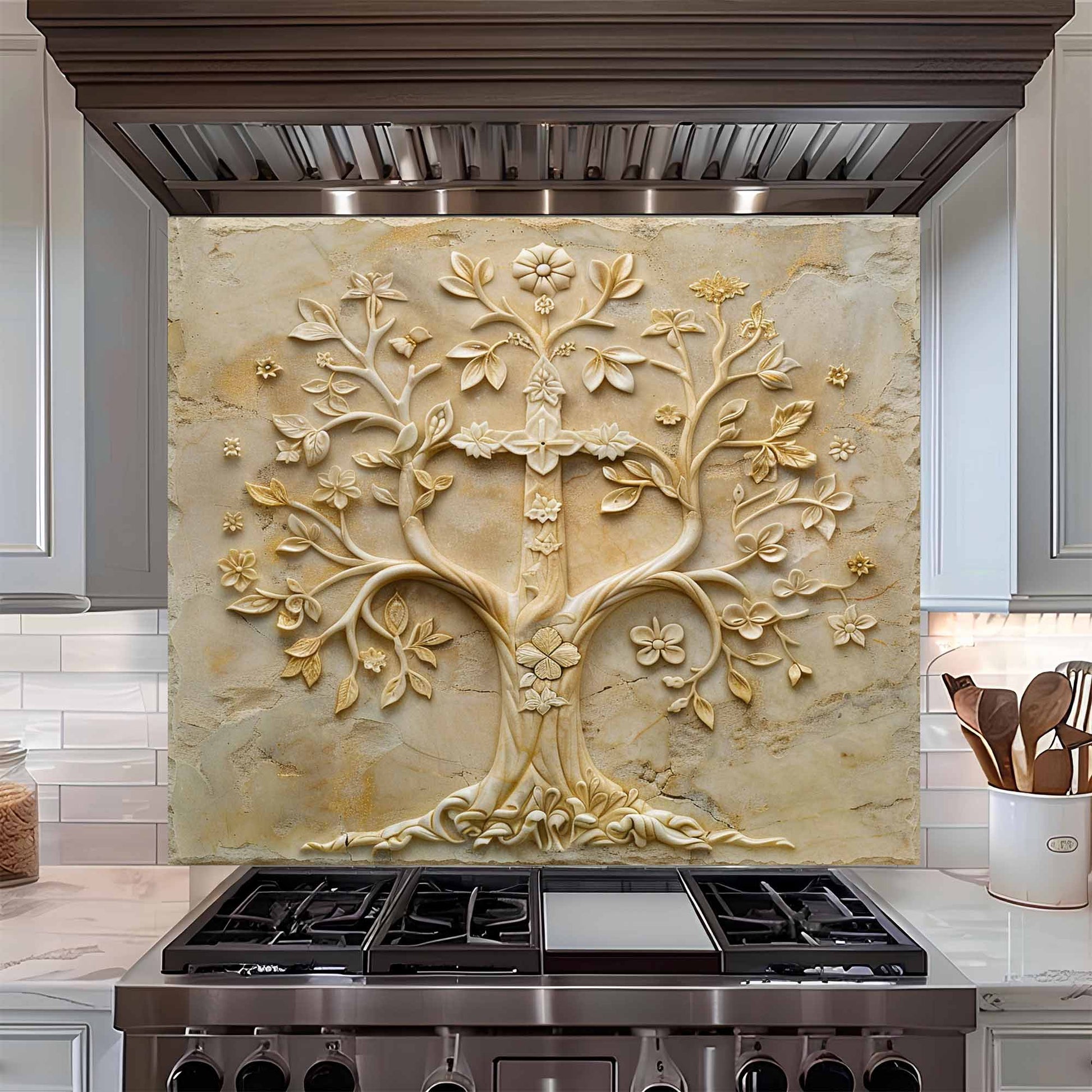 Decorative backsplash with tree design above a stove in a kitchen.