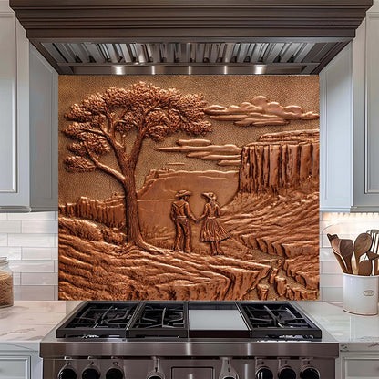 Decorative glass backsplash with a landscape design featuring a tree, couple, and canyon in a kitchen.