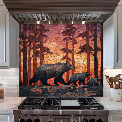 Stainless steel range hood with bear and cub design in a forest scene backsplash
