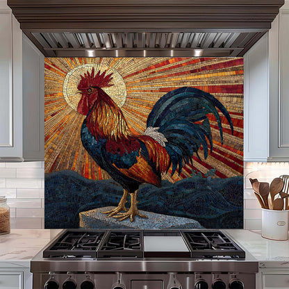 Radiant dawn rooster mosaic glass backsplash with golden sunburst and deep blues. A bold tempered glass kitchen backsplash design.