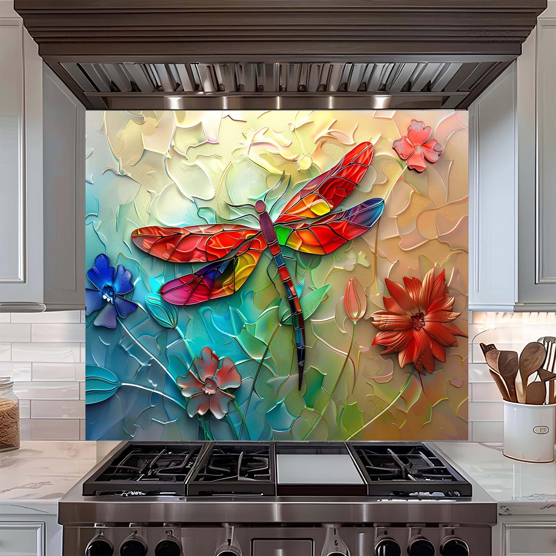 Colorful dragonfly and floral design on a kitchen backsplash above a stove.