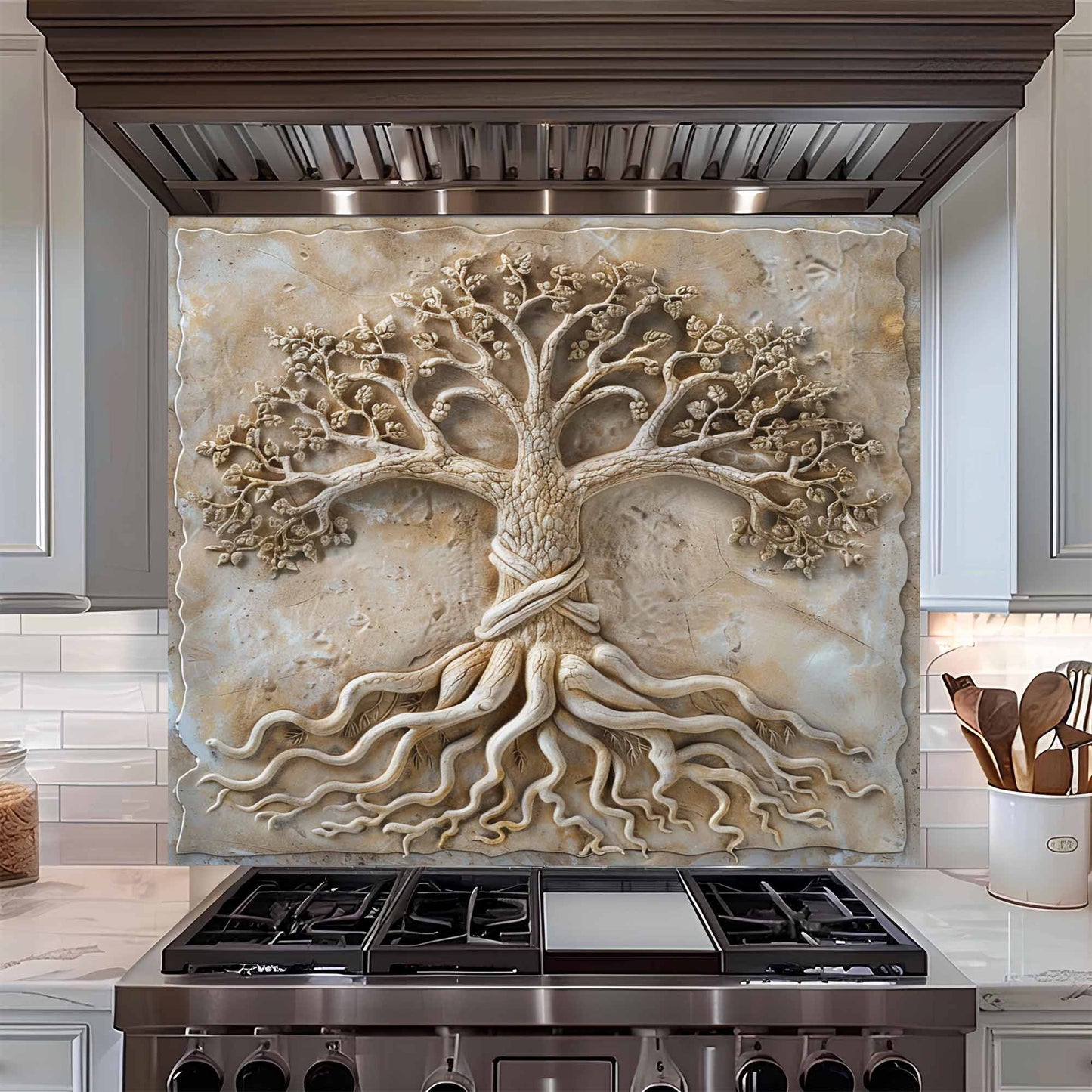 Decorative backsplash with tree design above a stove in a kitchen.