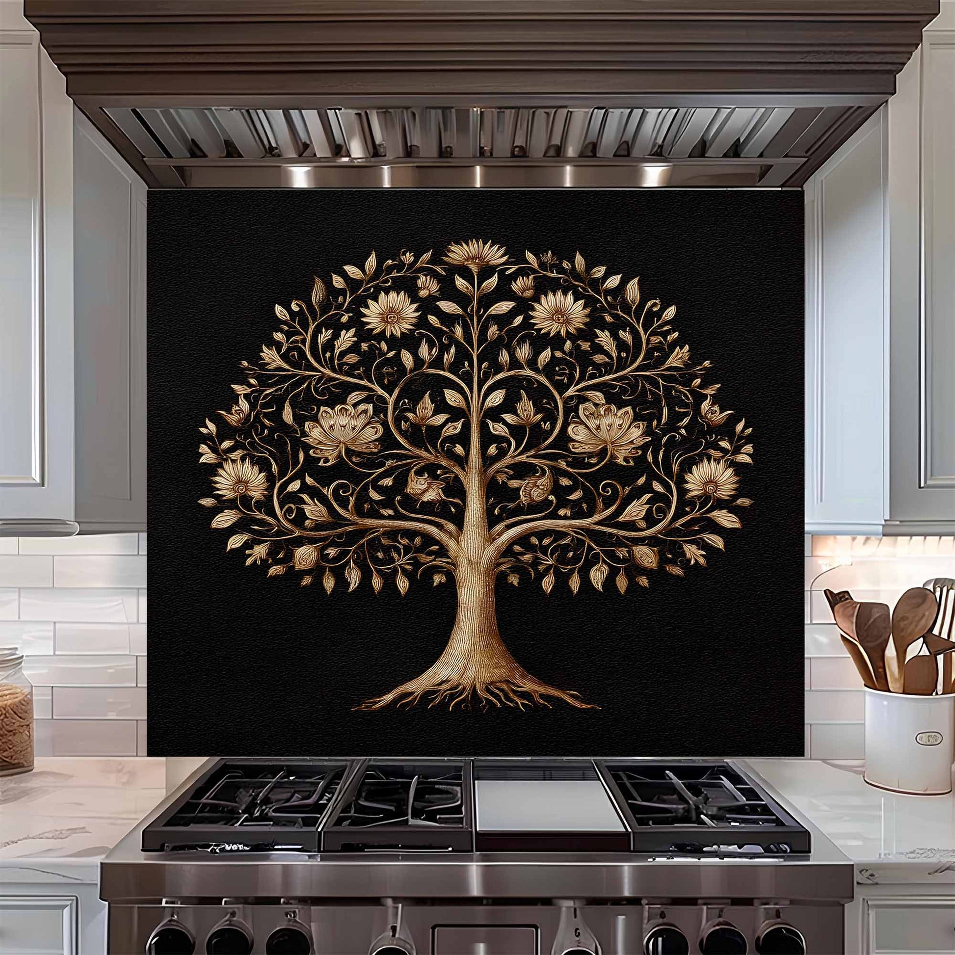 Tempered glass backsplash with a tree design above a stove in a kitchen.