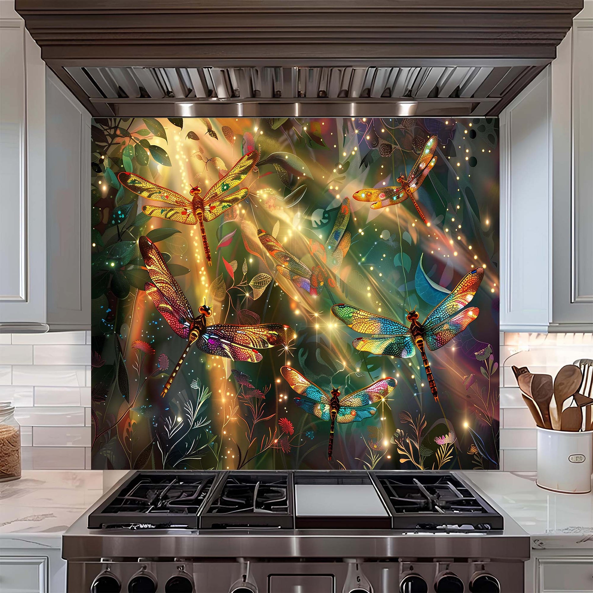 Decorative backsplash with colorful dragonflies in a kitchen setting