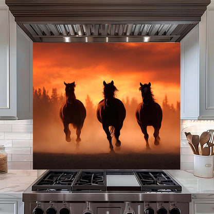 Kitchen stove with a decorative backsplash featuring silhouettes of three horses against an orange sunset sky.