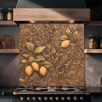 Decorative backsplash with lemon design above a stove in a kitchen.